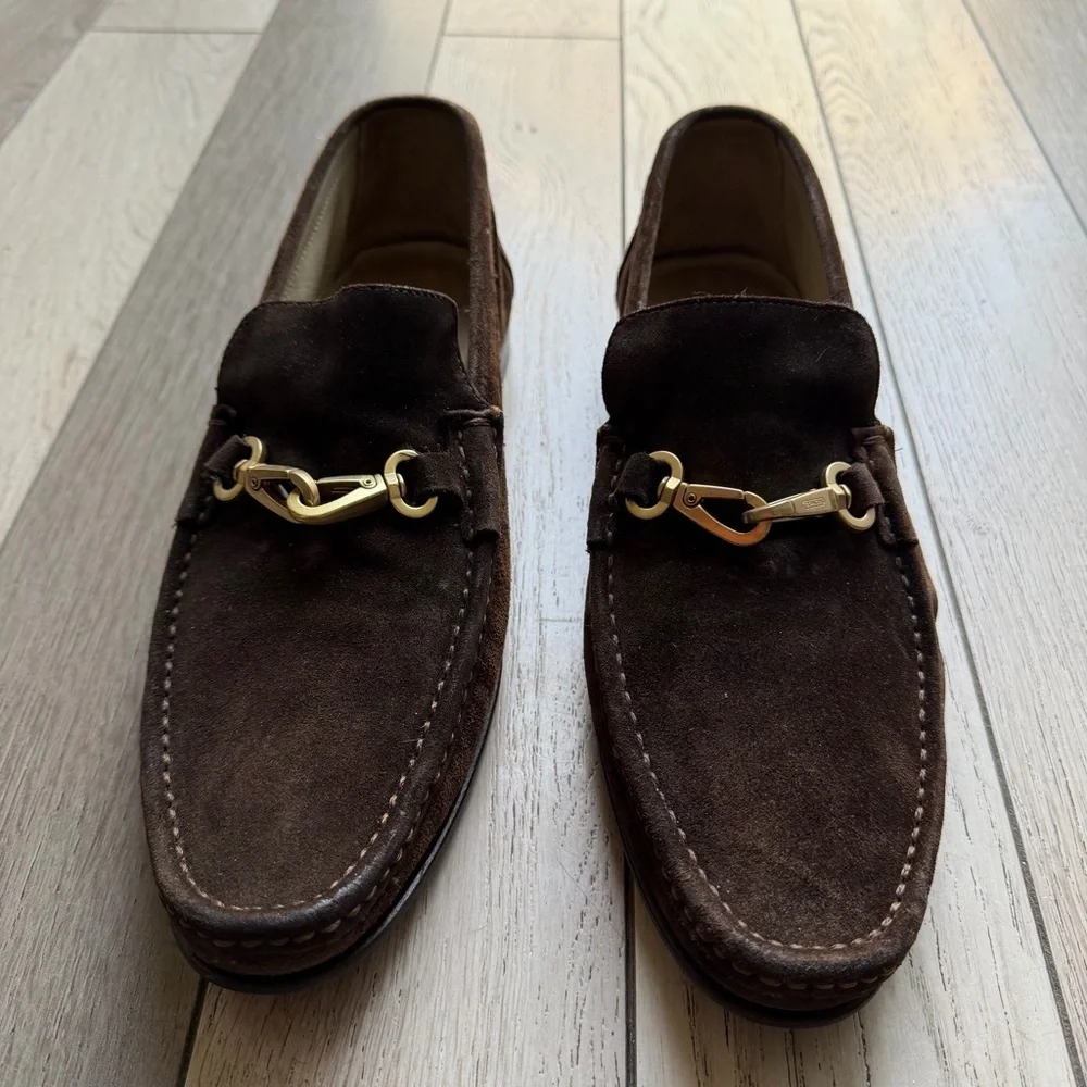 Coach Dark Brown Suede Loafers with Gold Accent - Picture 4 of 12